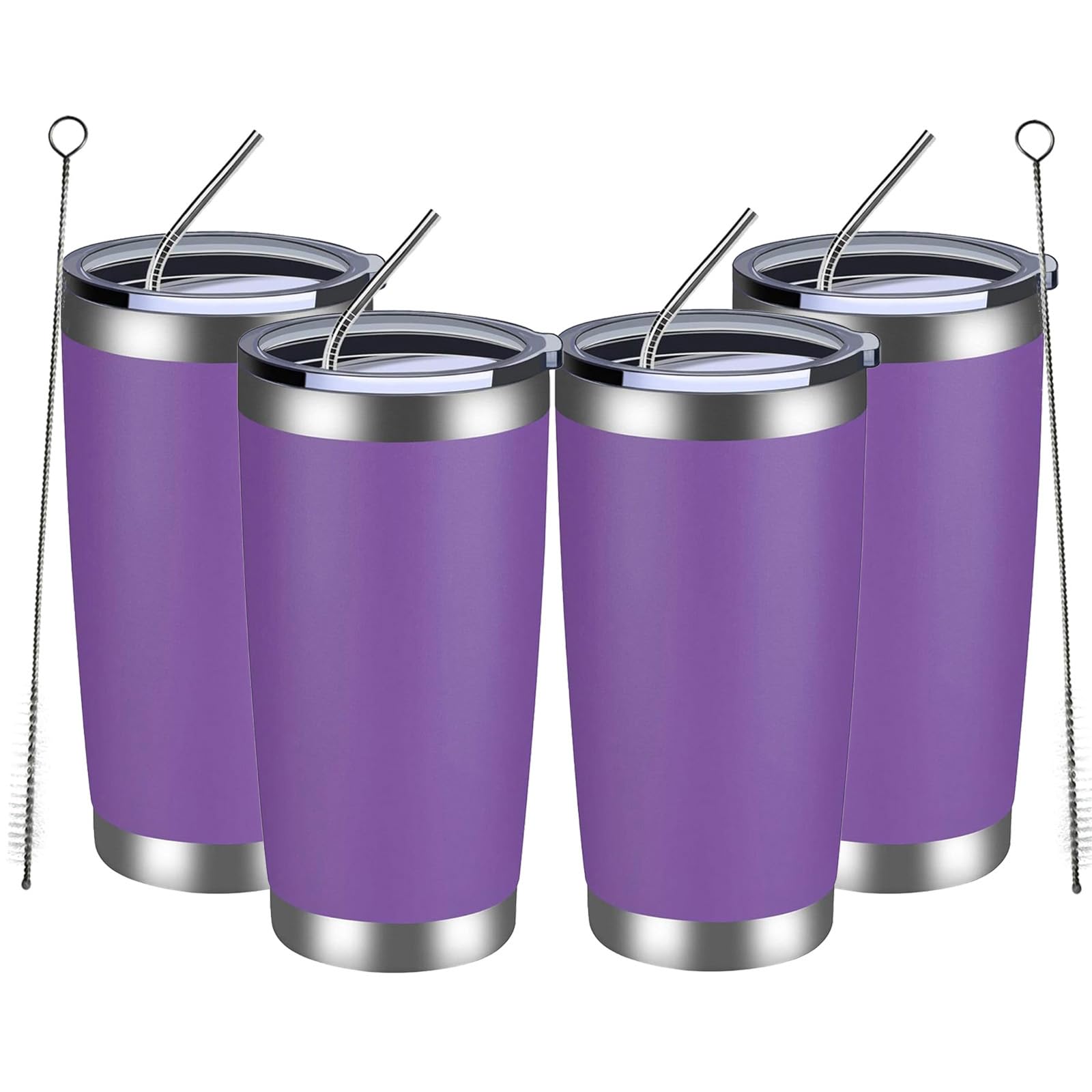 MEWAY 20oz Tumbler 4 Pack Double Wall Vacuum Insulated Travel Mug Bulk, Stainless Steel Tumblers with Lid and Straw, Durable Powder Coated Coffee Cups for Cold & Hot Drinks (Purple, 4)