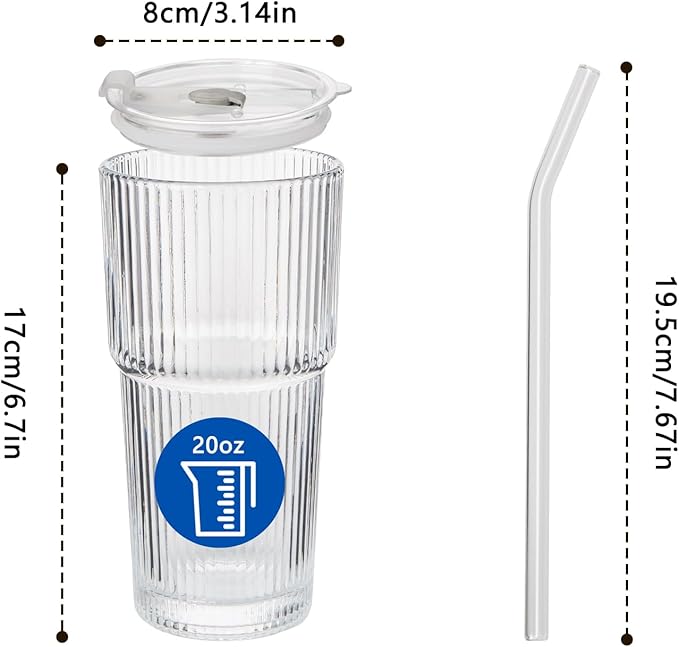 20oz Ribbed Glass Cups with Lids and Straws 4 Set, Vintage Glassware for Whiskey Cocktail Beer, Glass Tumbler, Iced Coffee Cups For Cold Drinks, Smoothie, Juice,Drinking (4)