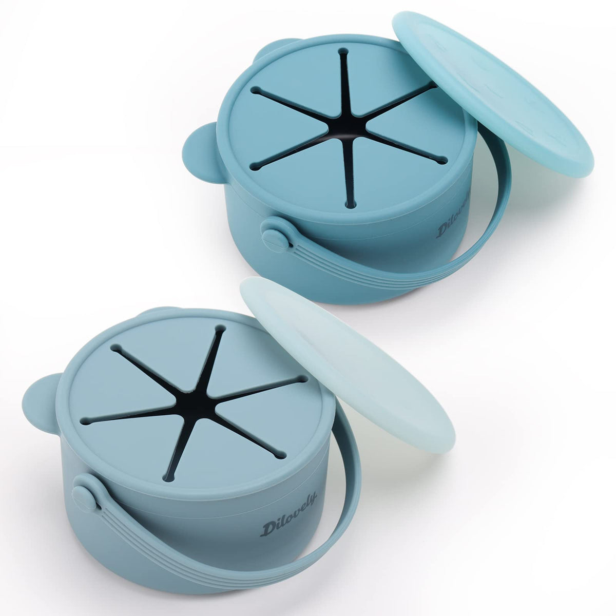 Dilovely Snack Cups for Toddlers, Baby Snack Containers, Silicone Toddler Snack Cups No Spill, Food Catcher with Lid & Bucket-like Handle, BPA Free & Dishwasher Safe, 9 Ounce Colonial Blue