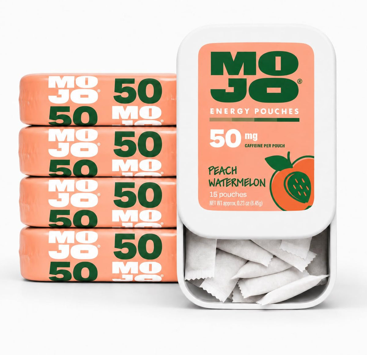 MOJO Caffeine Pouches with Naturally Derived Caffeine from Green Tea, Ginseng, Yerba Mate, L-Theanine & B-Vitamins | Nicotine-Free | Zero Sugar | 50mg Caffeine | Peach Watermelon