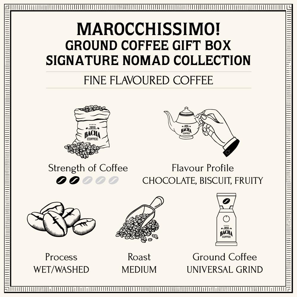 Bacha Coffee | Marocchissimo! Fine Flavoured, Ground Beans, Medium Roast, 100% Arabica Specialty Coffee, 250g Signature Nomad Collection, Gift Box