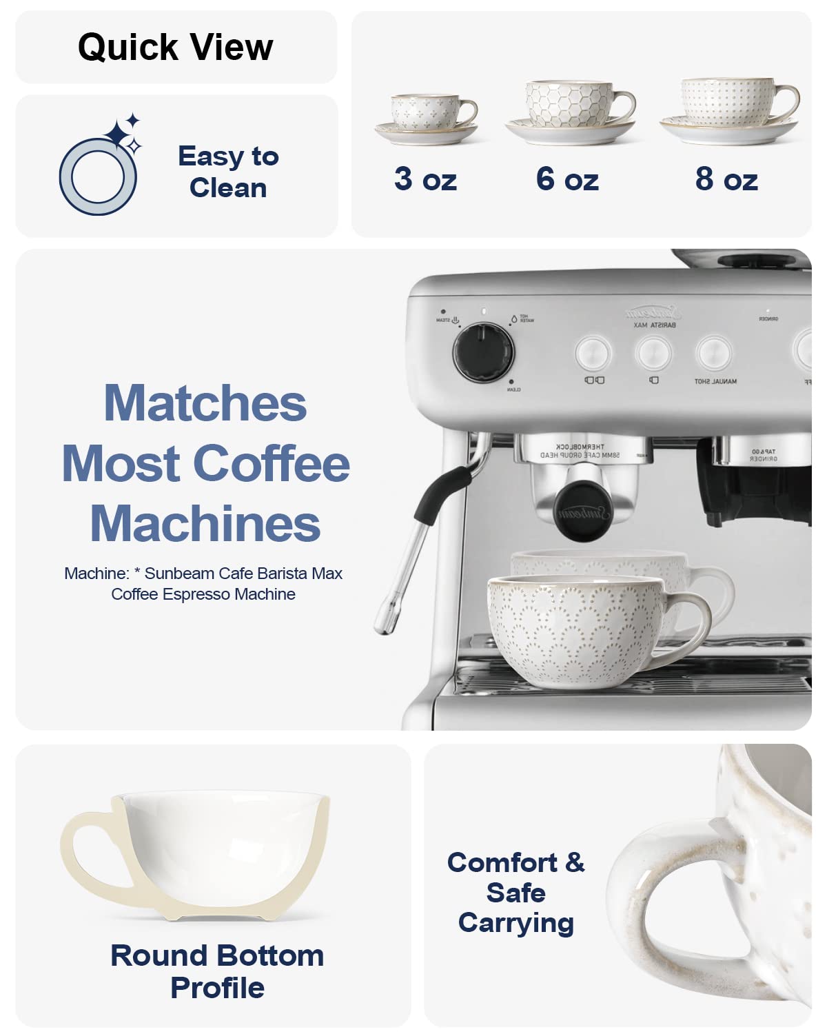 LE TAUCI 6 oz Cappuccino Cups with Saucers, Ceramic Espresso Coffee Cup Set of 4, for Latte, Cafe Au Lait, Flat White, Tea, Dishwasher & Microwave Safe, Housewarming Gift, Embossed, White