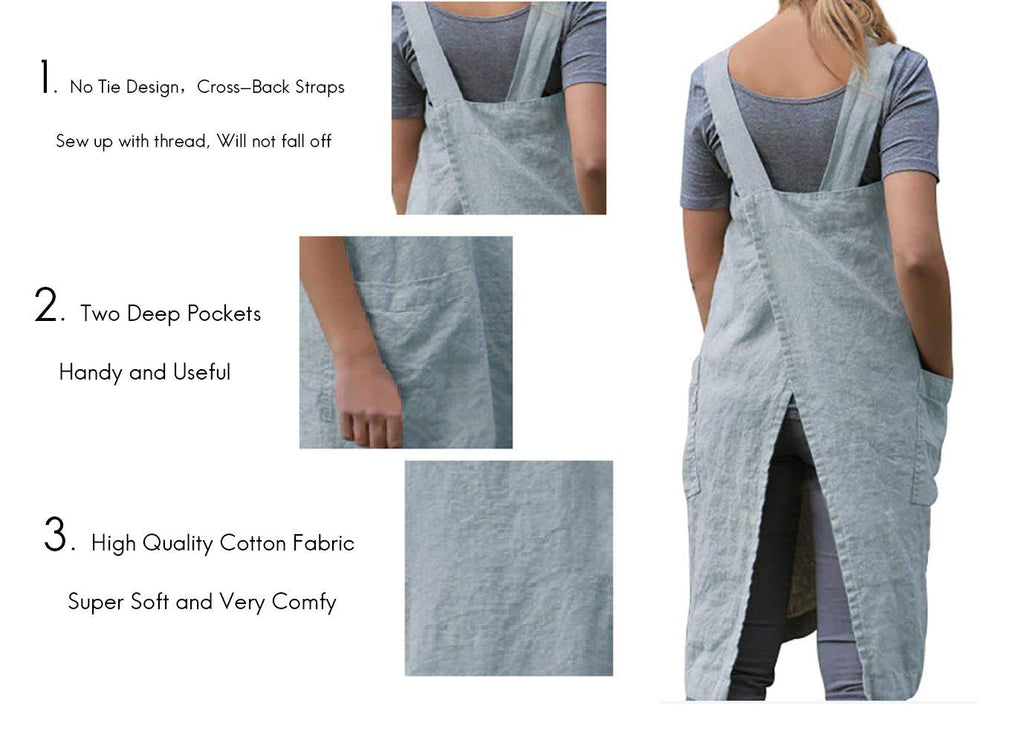 Larmliss Women's Pinafore Square Apron Baking Cooking Gardening Works Cross Back Cotton/Linen Blend Dress with 2 Pockets Light Blue-L