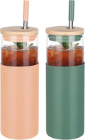Glass Tumbler w/Lids & Straw - 24oz Reusable Glass Mug/Bamboo Lid & Stainless Steel Straw-BPA Free, Leak-Proof, Dishwash Safe for Coffee, Smoothies, Hot Beverages, Travel, Office, Home Use，2-PK