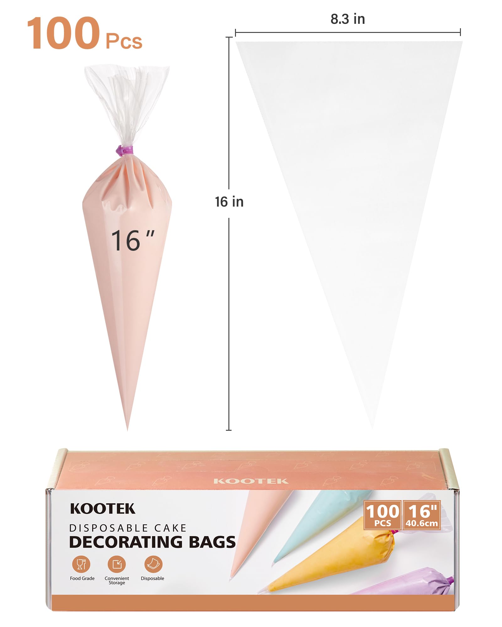 Kootek Piping Bags, Disposable Pastry Icing Bags 16 Inch, 100 Pcs Large