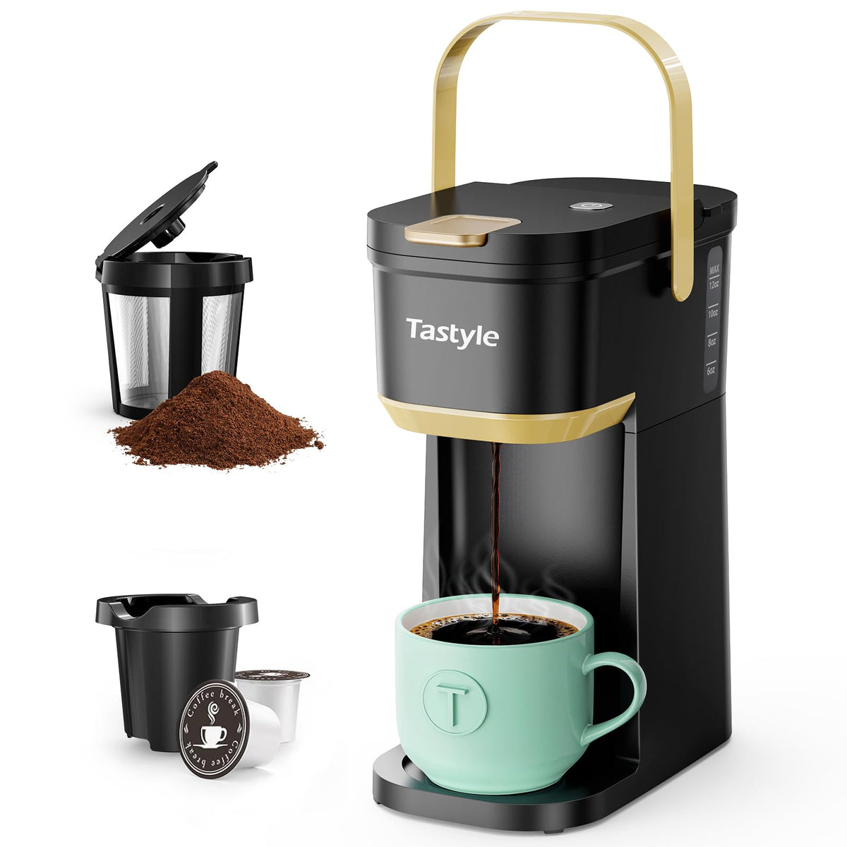 Tastyle Mini Single Serve Coffee Maker for K Cups and Grounds with Handle