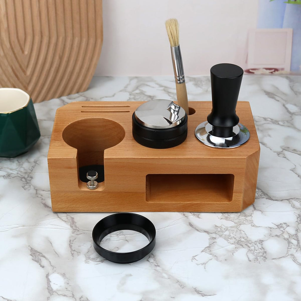 Espresso Tamping Station With Tools - 58mm - Includes Tamper, Distributor, Dosing Funnel & Brush - Wooden Coffee Tamper Station - Espresso Organizer & Portafilter Holder, Best Gift for Coffee Lovers