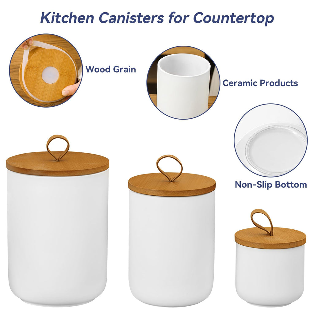 Jueison Ceramic Storage Jars, Modern Airtight Canisters with Wooden Lid (White trumpet)