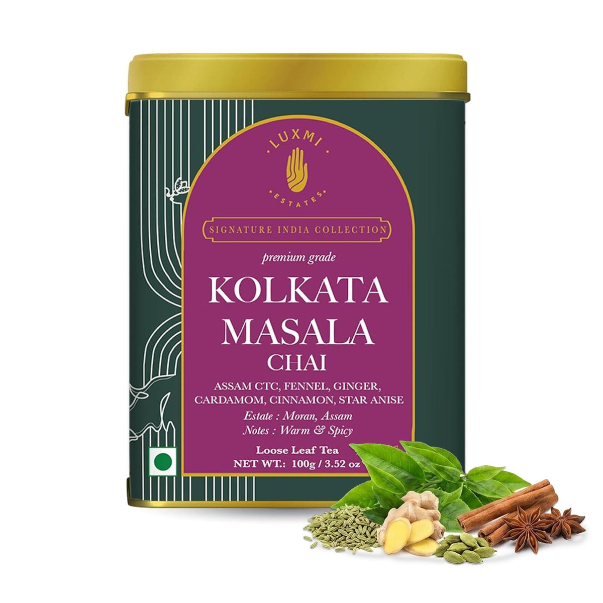Luxmi Estates Kolkata Masala Chai | 100 gm | Signature India Collection | Assam CTC Tea | Black tea collection | Organic Strong tea | Antioxidants | Assam Valley tea | Fennel, Ginger Tea, Cardamom, Cinnamon, Star Anise