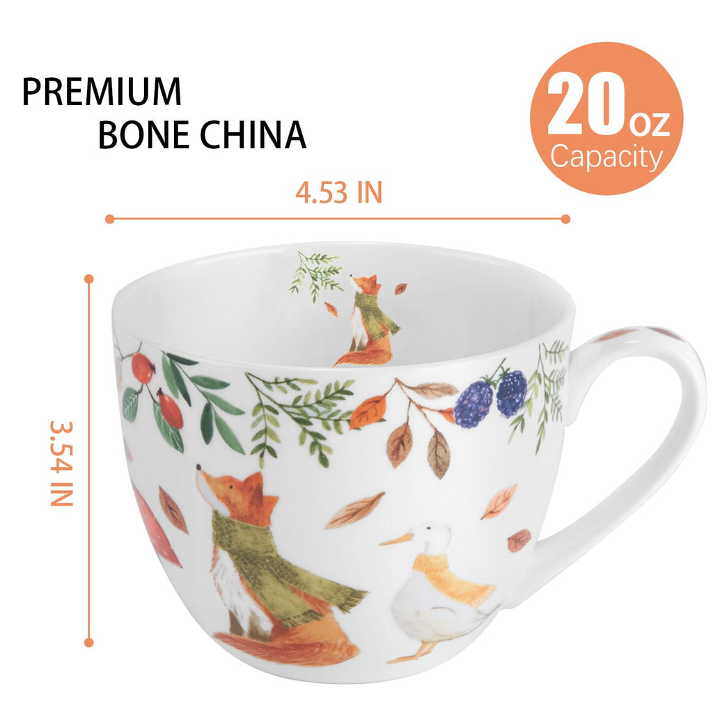 MFoffice Autumn Forest Animal Mug - 20 oz Bone China Coffee Mug with Fox, Squirrel & Duck, Cozy Fall Gift for Nature Lovers and Friends, Designed in England by Harvest Green Studio