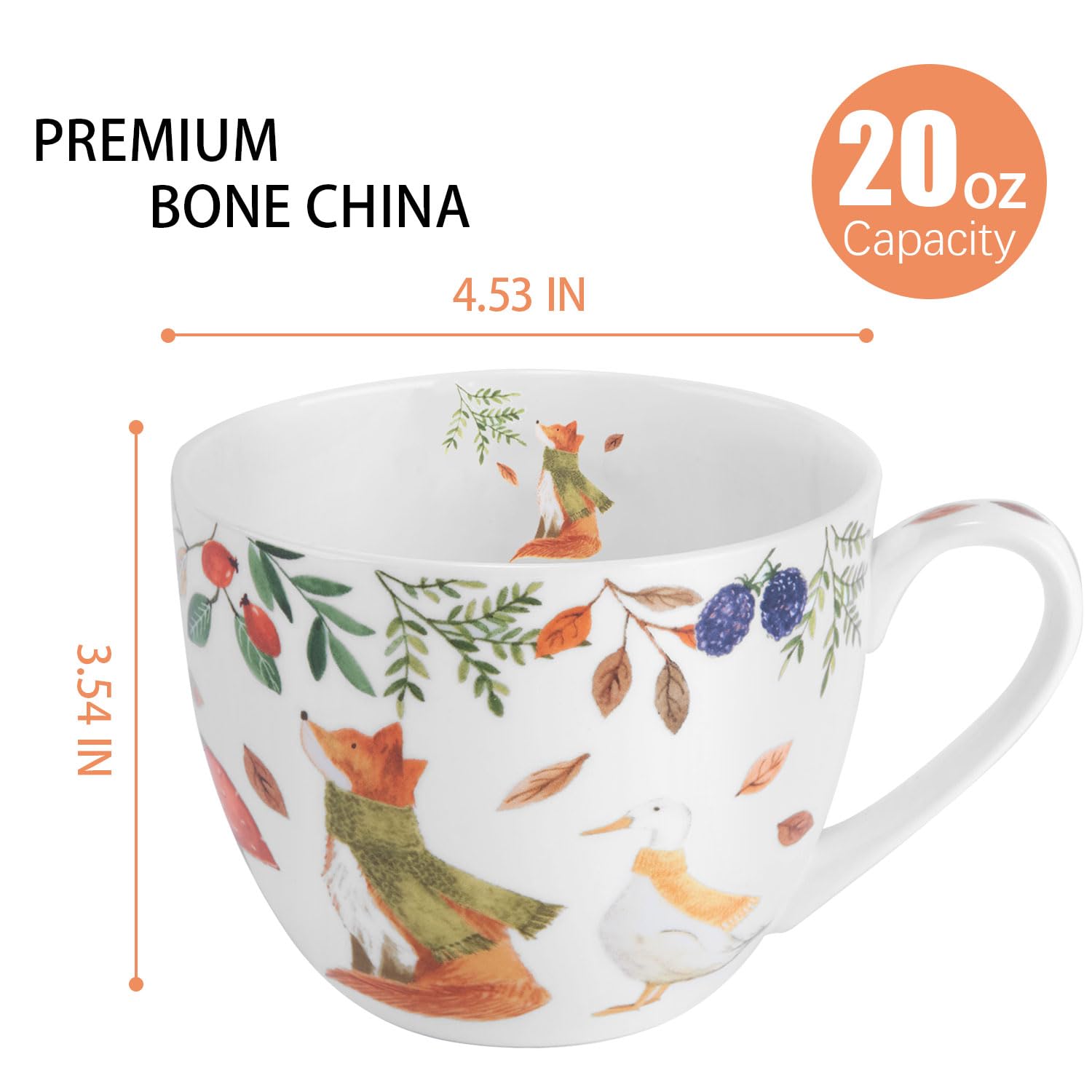 MFoffice Autumn Forest Animal Mug - 20 oz Bone China Coffee Mug with Fox, Squirrel & Duck, Cozy Fall Gift for Nature Lovers and Friends, Designed in England by Harvest Green Studio