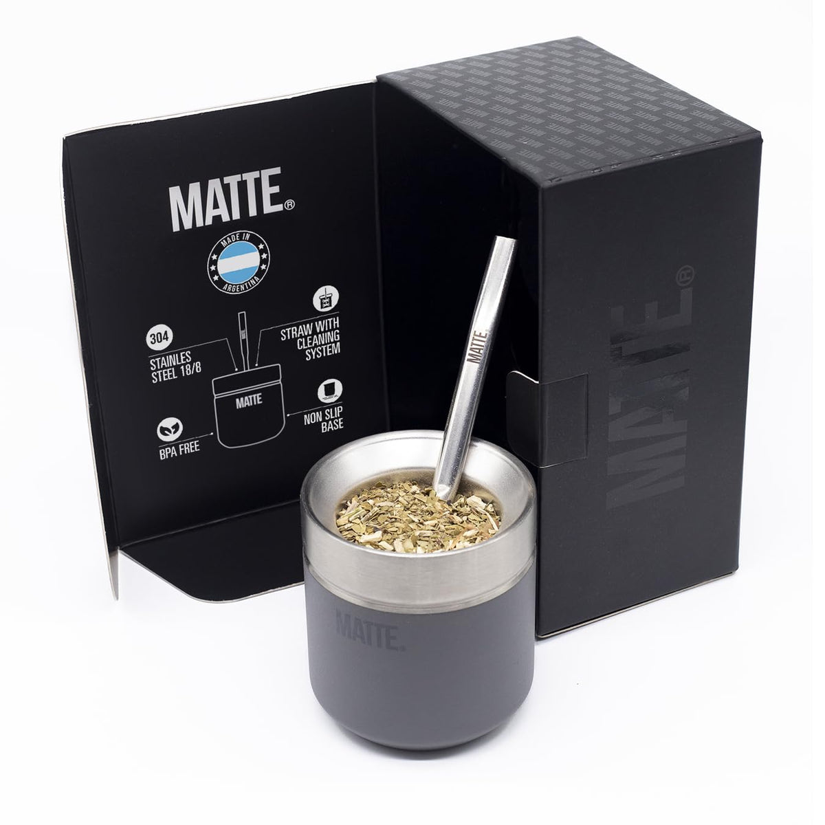 Matte 6.5 oz Yerba Mate Gourd and Bombilla Set - Includes DS Pro Box - BPA Free Yerba Mate Set Kit with Mate Straw, Elegant Design, Non-Slip Base (White)