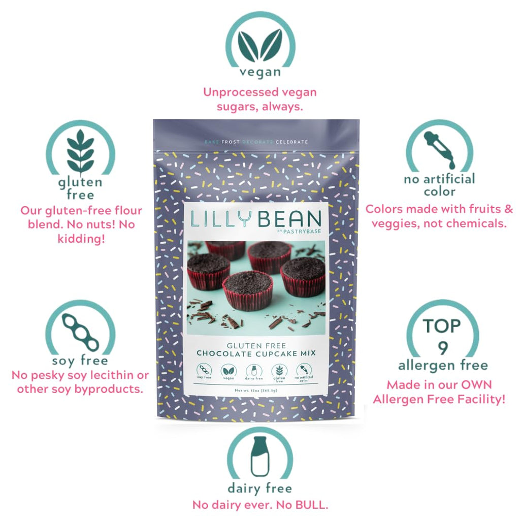 LillyBean Gluten Free Chocolate Cupcake Mix with No Artificial Colors - Dairy and Soy Free, Vegan - Makes Delicious Desserts - Cakes, Donuts, Cake Pops - 13 oz