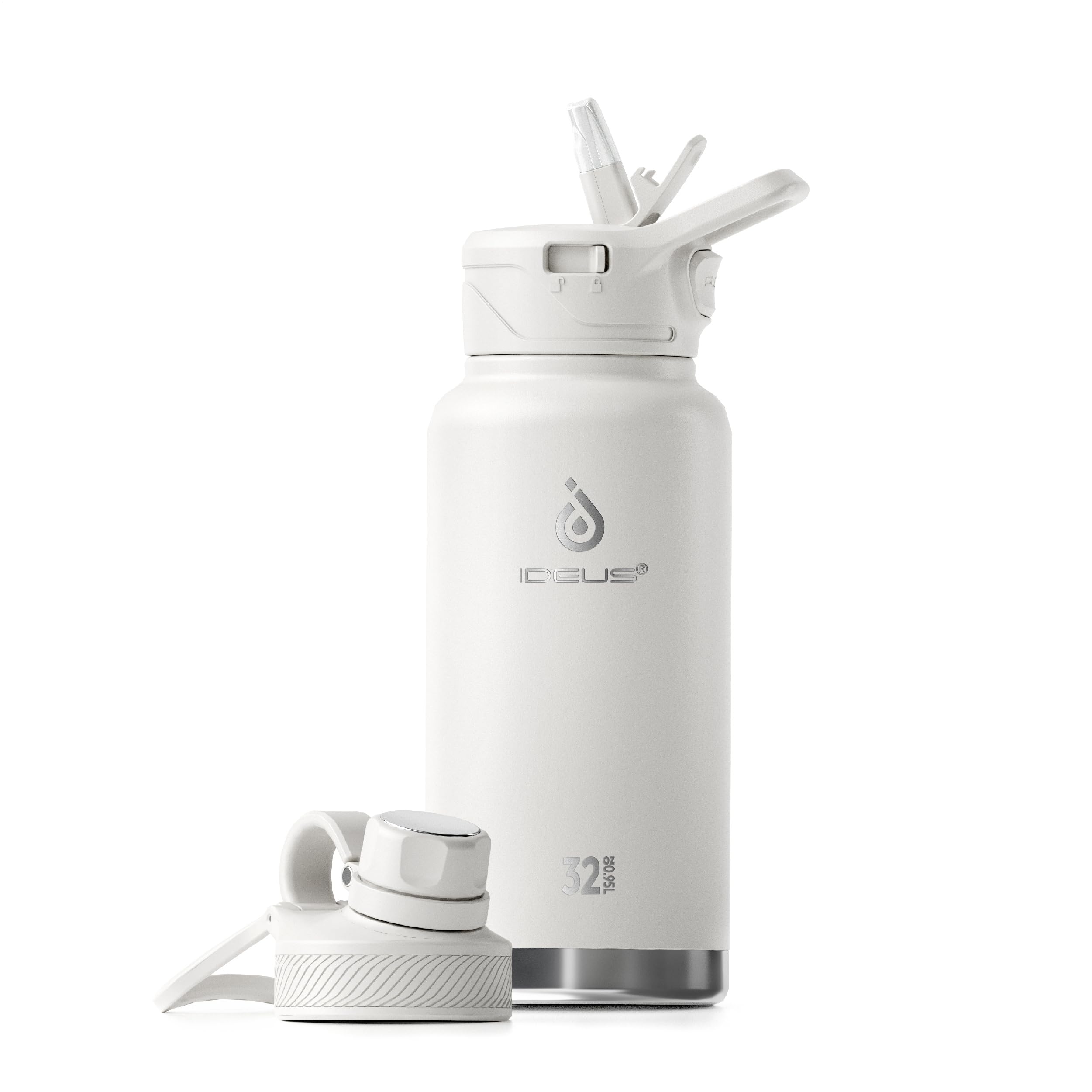 IDEUS Insulated Stainless Steel Water Bottle with 2 Leak-Proof Lids, Thermal Water Flask for Hiking Biking, 32oz, White