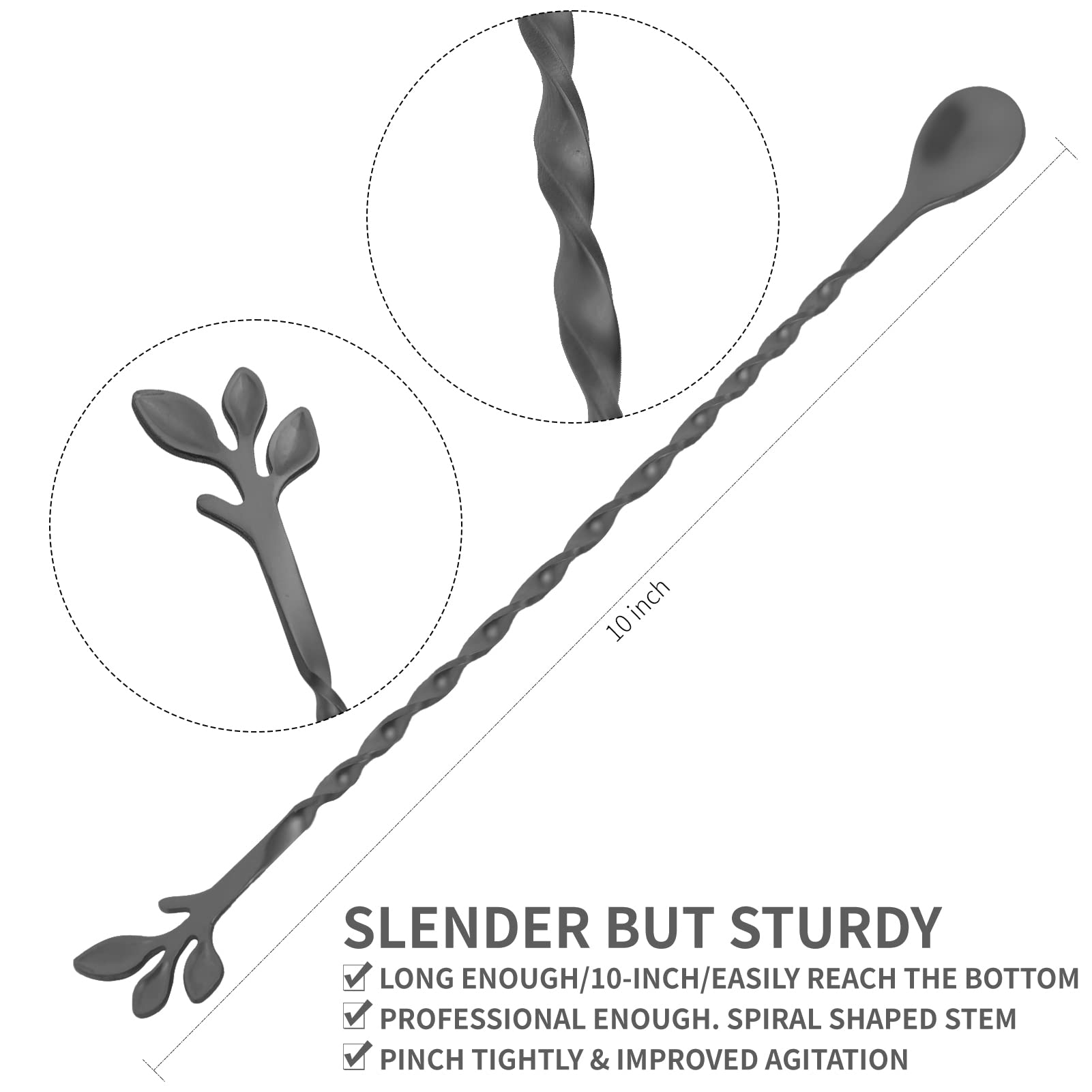 AnSaw Black 10-Inch Stainless Steel Cocktail Spoon with Leaf Handle