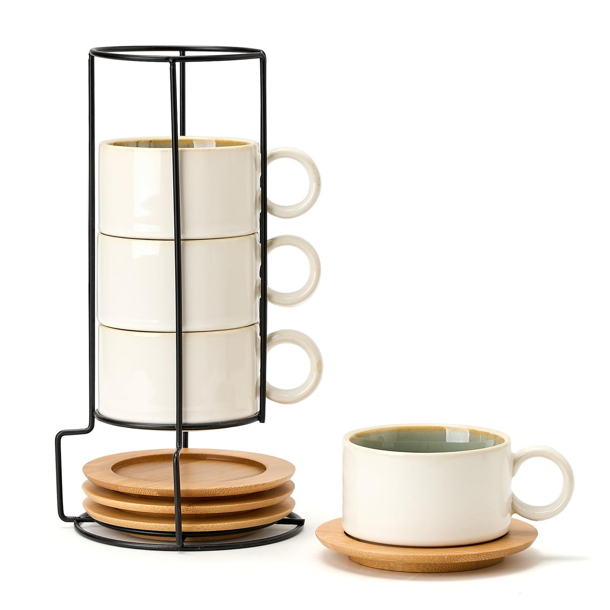 LUKA Porcelain Espresso Cup with Metal Stand,6 Ounce Stackable Ceramic Demitasse Espresso Mugs Cappuccino Cups Set for Latte,Coffee,Cafe Mocha,Tea - Set of 4 (Plaid Red & Gray)