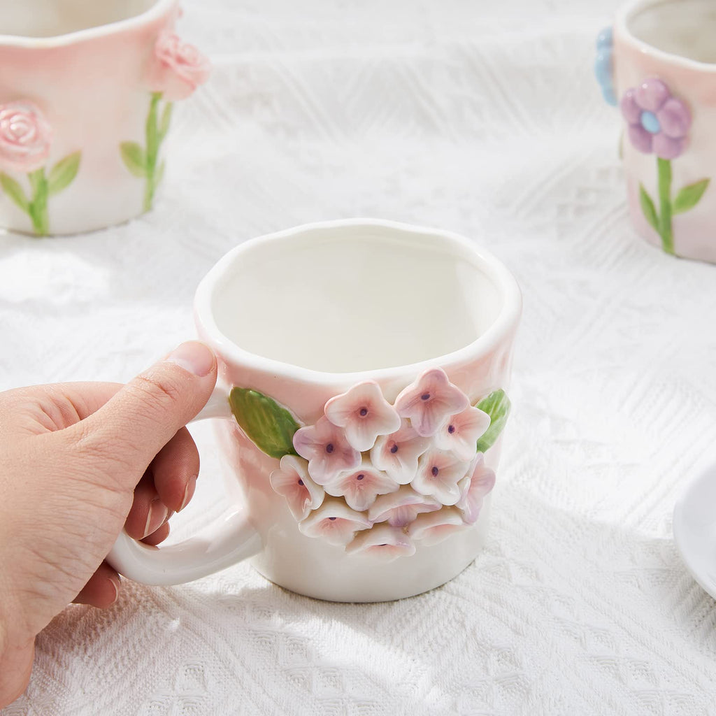 Szoyeay 3D Flower Coffee Mug Pink Hydrangea Ceramic Cup,12 oz Cute Handmade Mugs,Christmas Birthday Surprise for Friends Family or Flower Lovers (Pink Hydrangea)