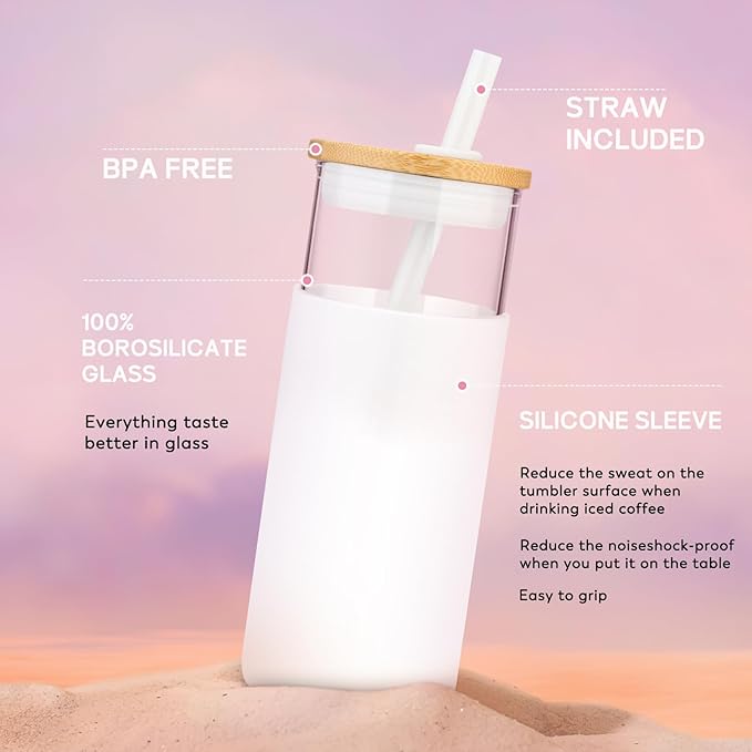 Tronco 20oz Glass Tumbler Glass Water Bottle Straw Silicone Protective Sleeve Bamboo Lid - BPA Free (French Grey/ 1 Pack)
