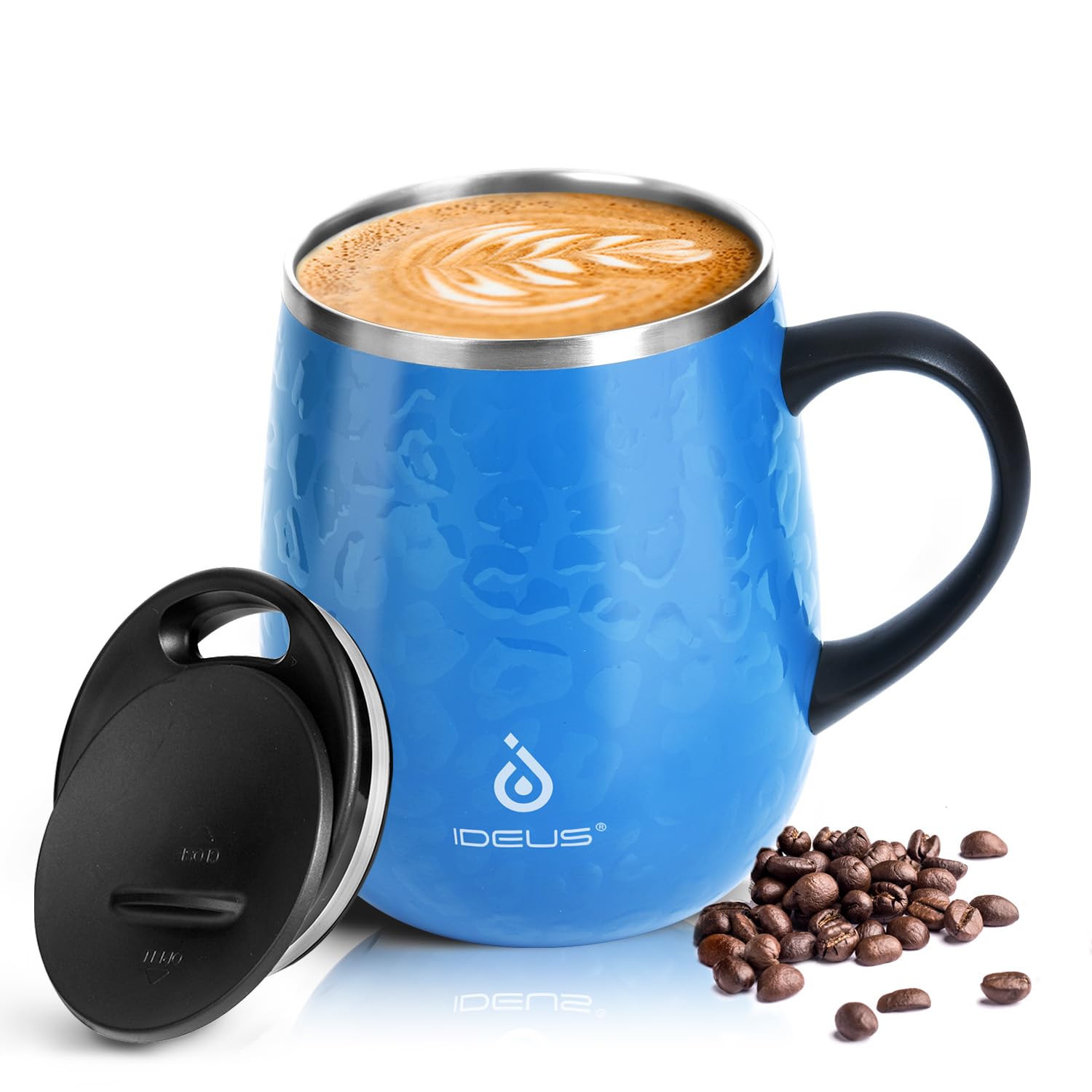 Ideus 16 oz (470 ml) Insulated Coffee Mug with Handle and Lid, Double Wall Stainless Steel Vacuum Thermal Coffee Mug, Travel Coffee Cup Thermal Cup for Home and Office (Leopard Blue)