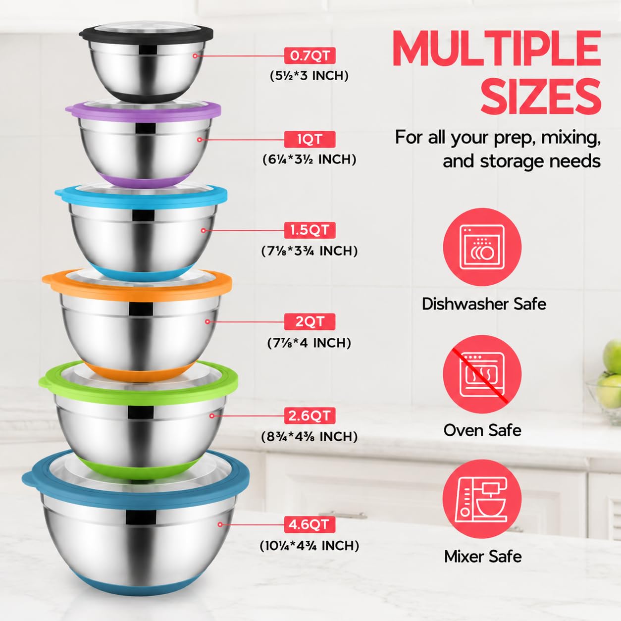 Onader Colorful Mixing Bowl Set of 6 for Kitchen, Large Stainless Steel Metal Nesting Mixing Bowls with Airtight Lids, Non Slip - Size 0.7, 1, 1.5, 2, 2.6, 4.6QT