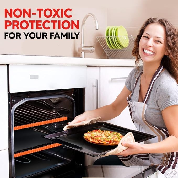 Oven Liners for Bottom of Oven Black (2-pack) Bundled with Rack Shield (2-pack) - Large Mat for Bottom of Range (17"x 25") and 22" Orange Stove Guards for Racks - Reusable & Heat Resistant