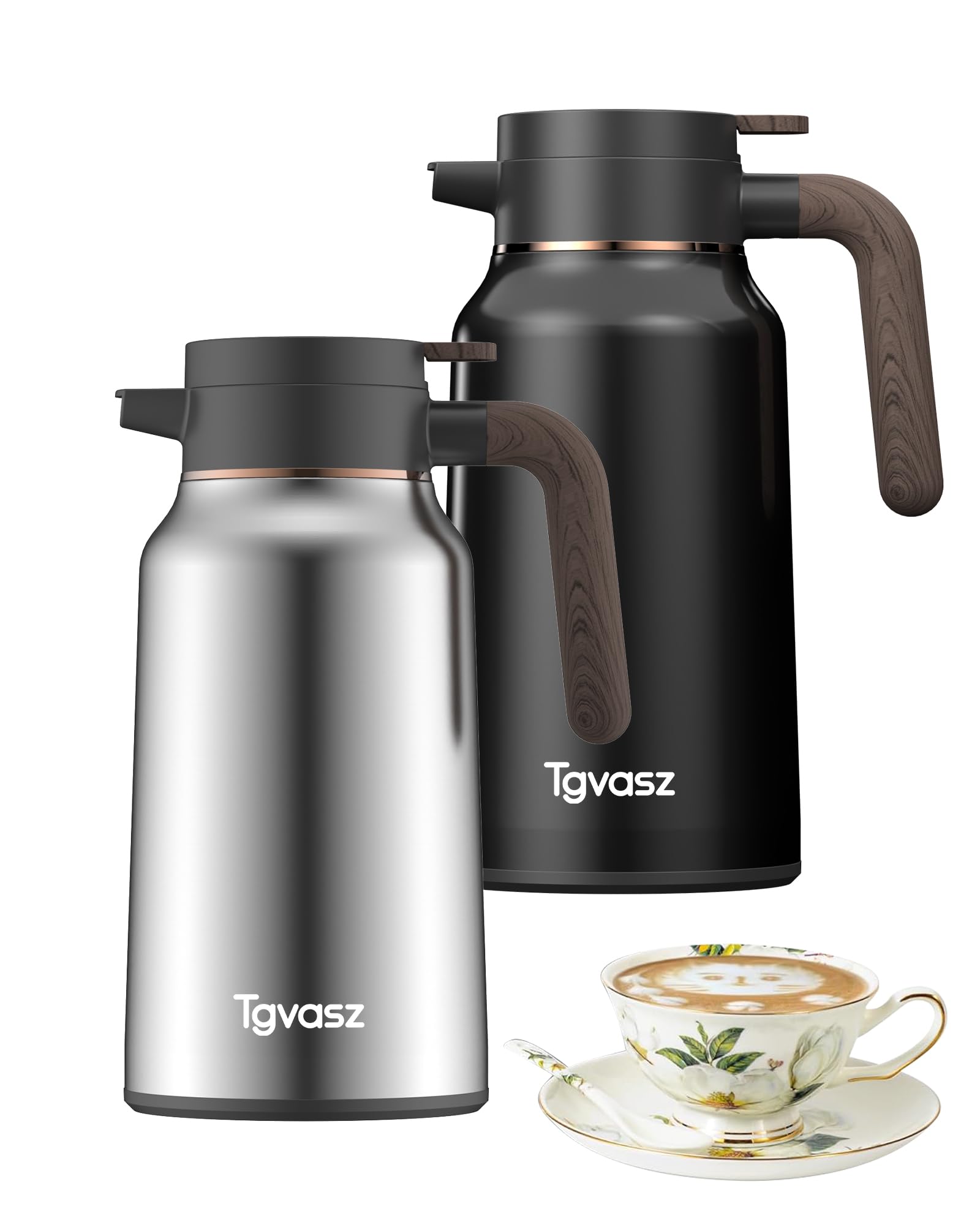 2 PCS Thermal Coffee Carafe 70 oz - 36 Hour Stainless Steel Carafes for Hot Liquids-Insulated Coffee Carafes For Keeping Hot/Cold Coffee, Tea, (Black+Silver)