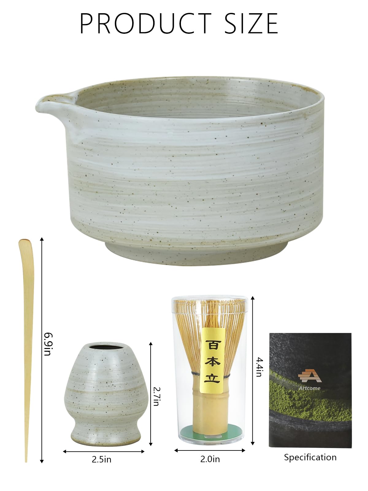 Artcome Matcha Bowl Set with Spout – Handmade Ceramic Chawan, Bamboo Whisk, Whisk Holder, Tea Scoop, and Matcha Manual – Japanese Tea Ceremony Set