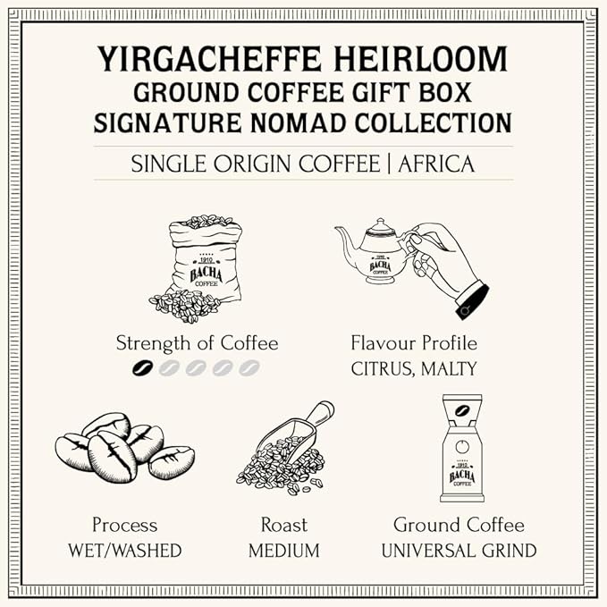 Bacha Coffee | Yirgacheffe Heirloom Single Origin Signature Nomad Collection, 100% Arabica Specialty Coffee, Ground Beans, Medium Roast, 250g