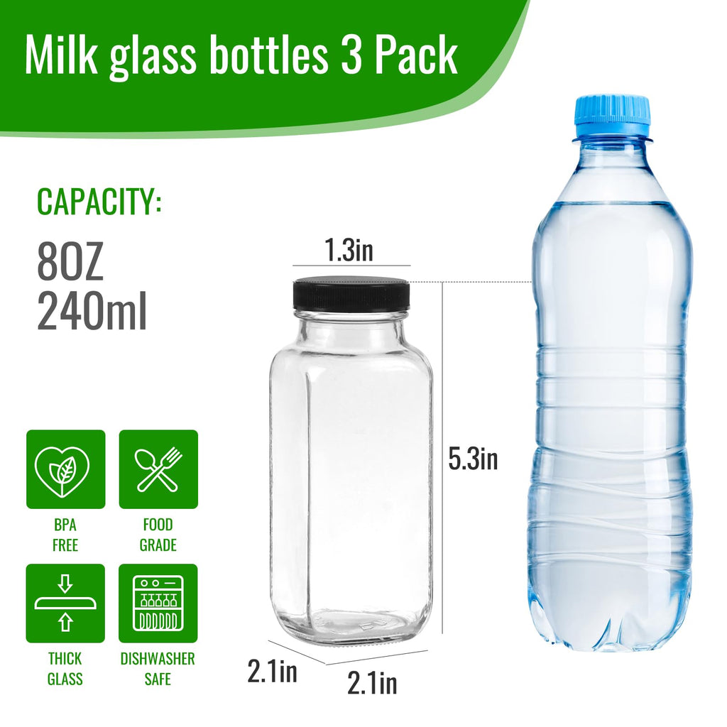 8 oz 3 Pack Glass Juice Bottles with Lids, Drinking Jars for Juicing
