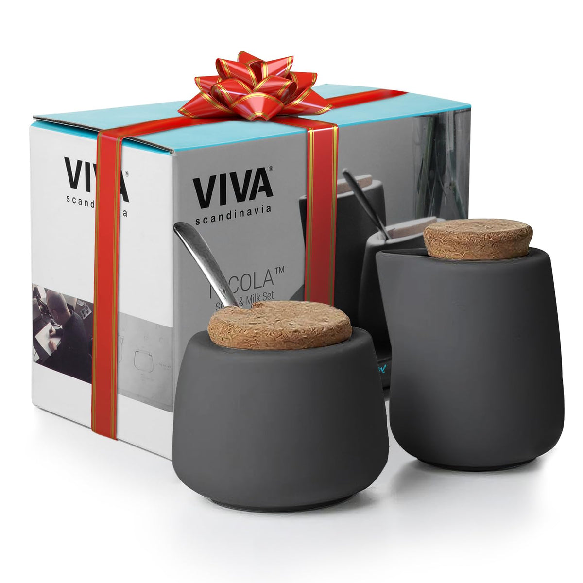 VIVA Nicola Gray Porcelain Sugar and Creamer Set, 7oz Cork Lid & Spoon