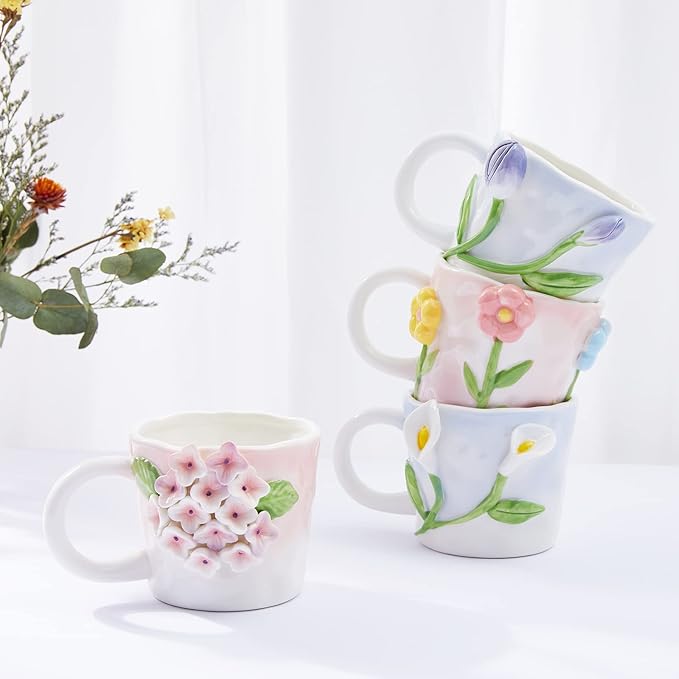 3D Flower Coffee Mug Blue Hydrangea Ceramic Cup,12 oz Cute Handmade Mugs,Christmas Birthday Surprise for Friends Family or Flower Lovers (Blue hydrangea)