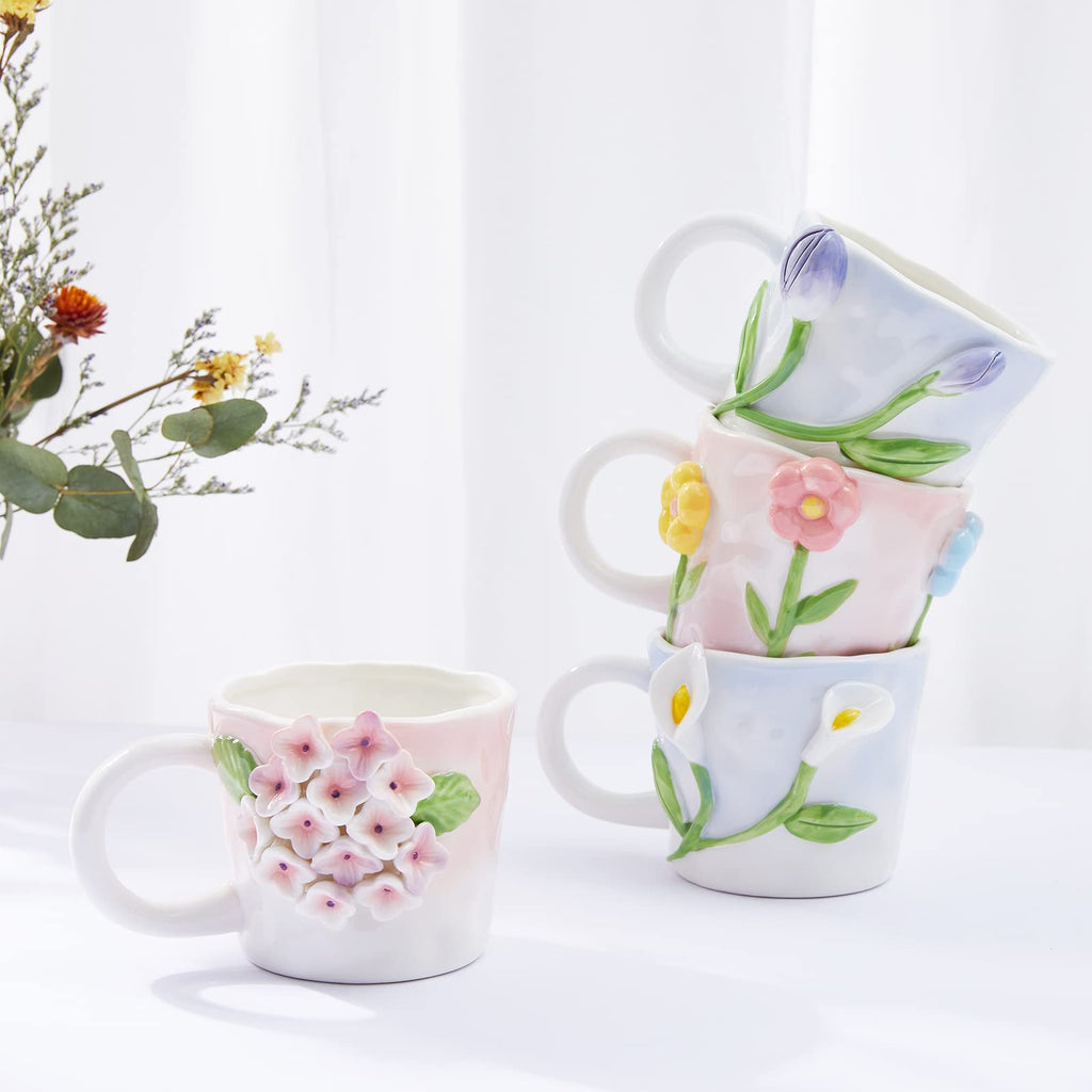 Szoyeay 3D Flower Coffee Mug Pink Hydrangea Ceramic Cup,12 oz Cute Handmade Mugs,Christmas Birthday Surprise for Friends Family or Flower Lovers (Pink Hydrangea)