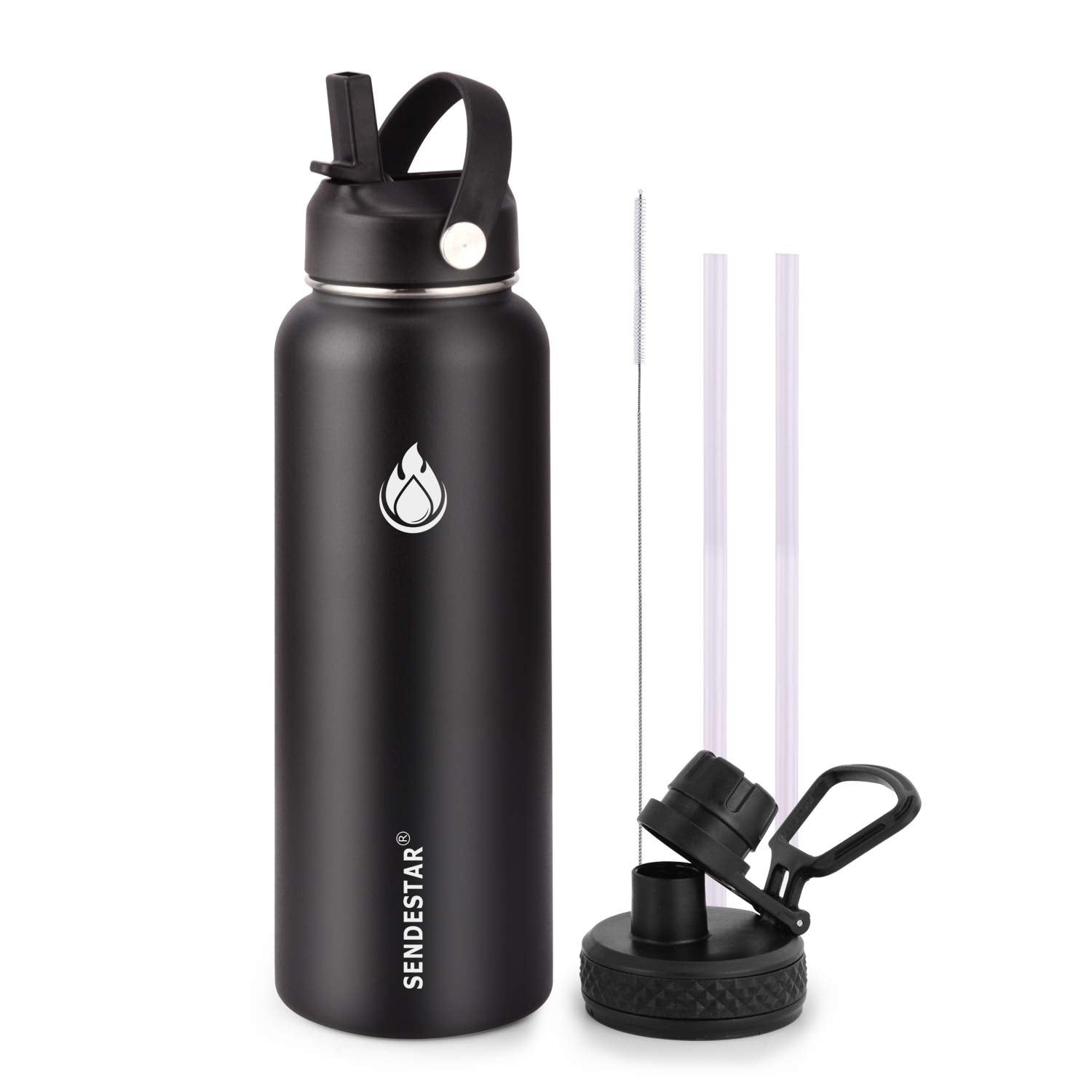 SENDESTAR Stainless Steel Water Bottle, Wide Mouth 32 oz Water Bottle with Straw Lid, Spout Lid, Double Wall Vacuum Insulated Leak Proof, Keeps Liquids Hot or Cold (Black)