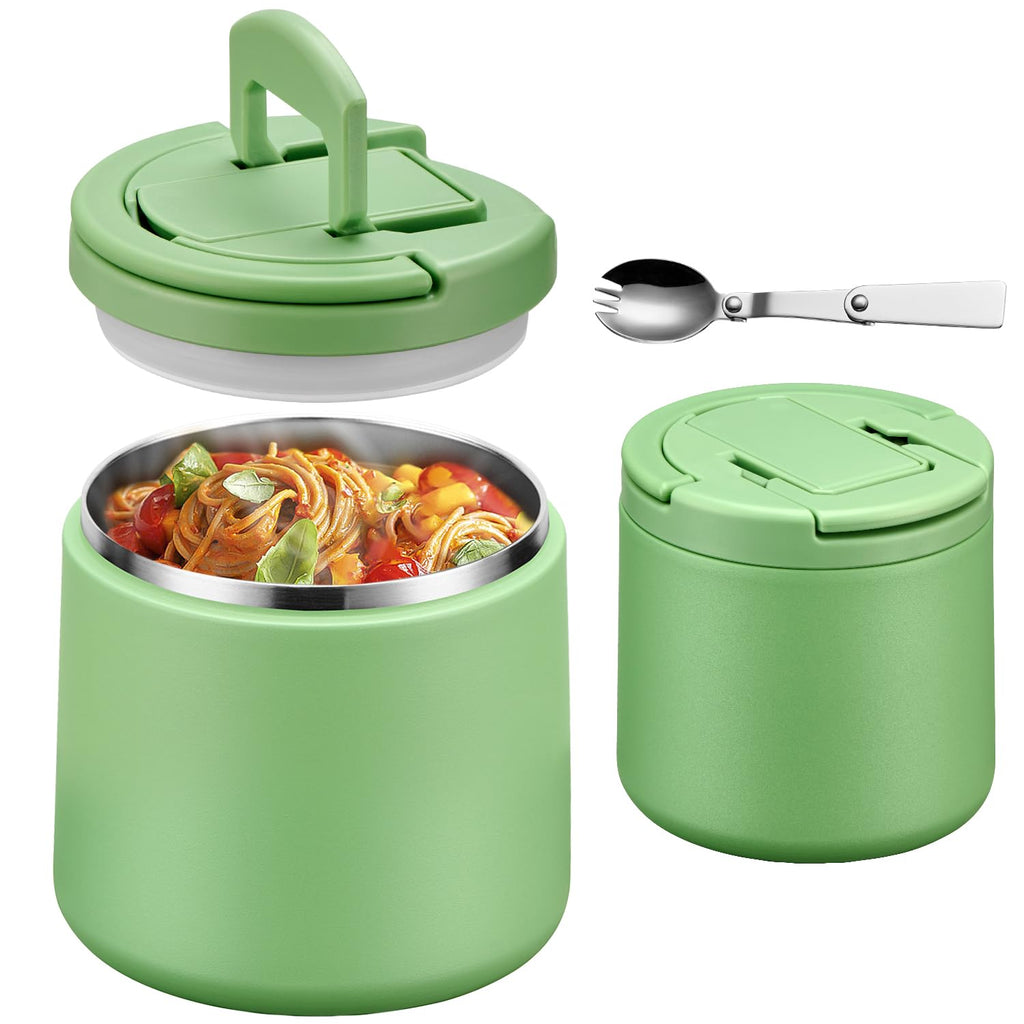 20oz Insulated Vacuum Food Jar with Buckle Lid,Soup Thermo for Hot Food Kids,Wide Mouth Leakproof Stainless Steel Lunch Container with Spoon-Green