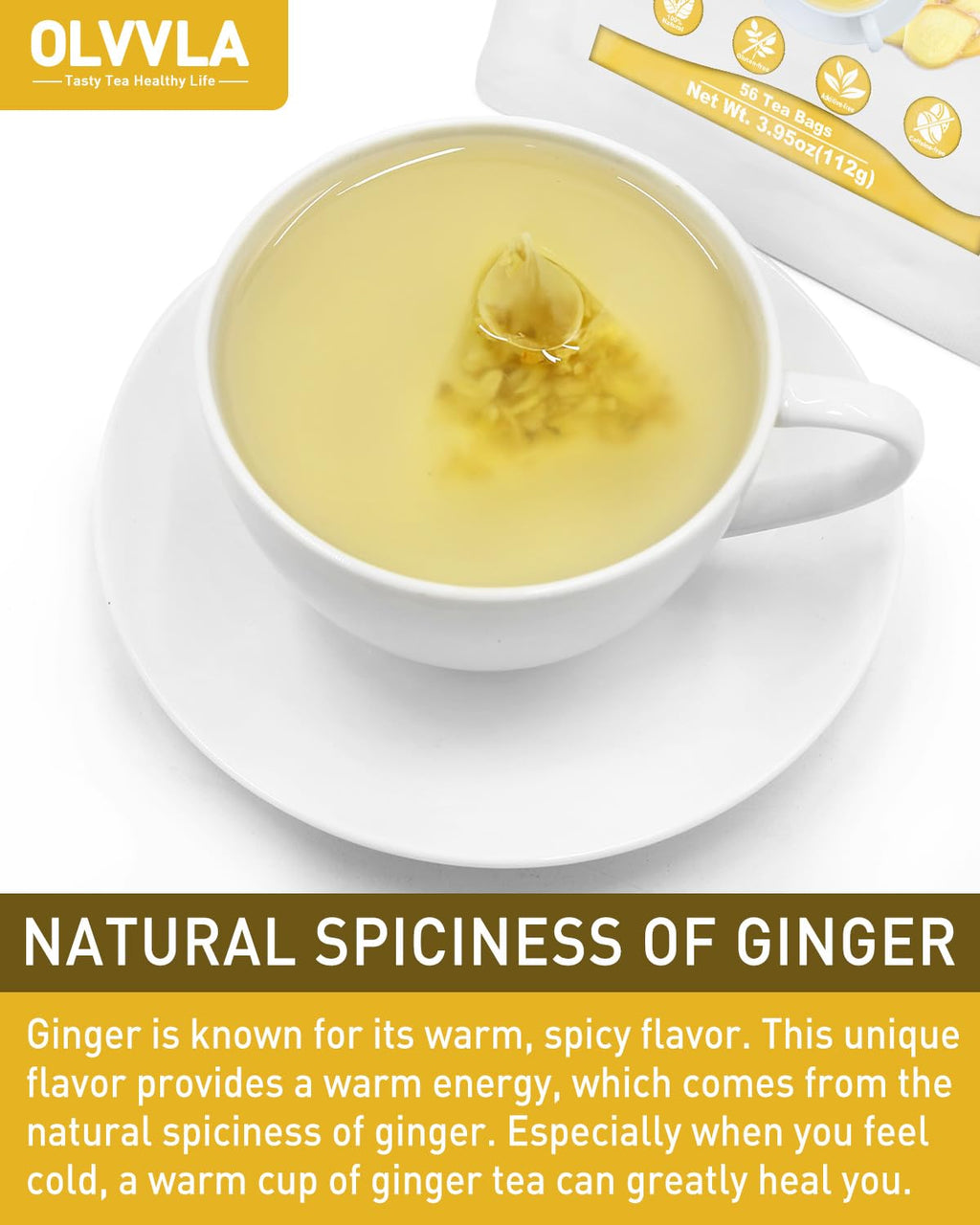 Olvvla - Ginger Tea Bags - 2g X 56 Count - Pure Natural Ginger Root