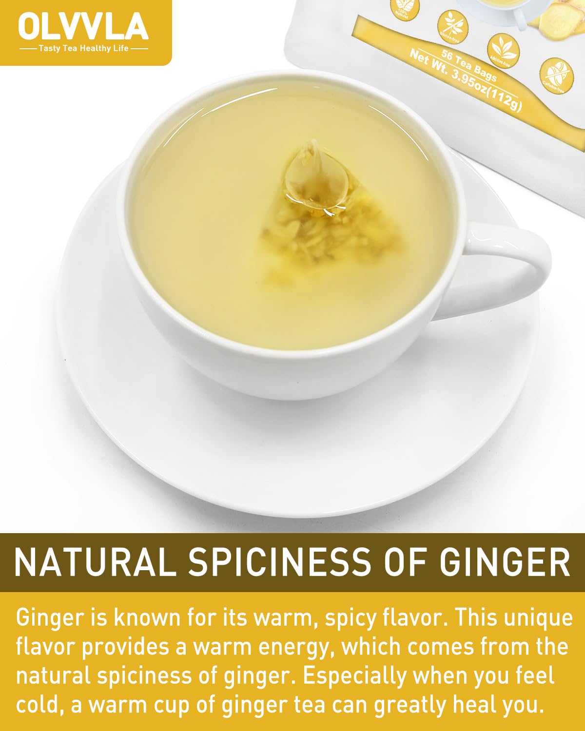 Olvvla - Ginger Tea Bags - 2g X 56 Count - Pure Natural Ginger Root