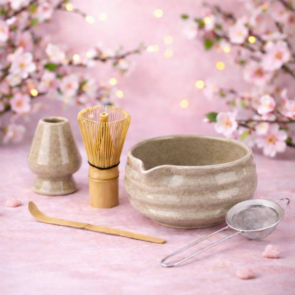 Marce Matcha Whisk Set- Matcha Set includes Matcha Whisk and Bowl (Bowl with Spout), Sifter, Holder and Scoop- The Perfect Bamboo Whisk for Matcha Tea (Black- 7PC)