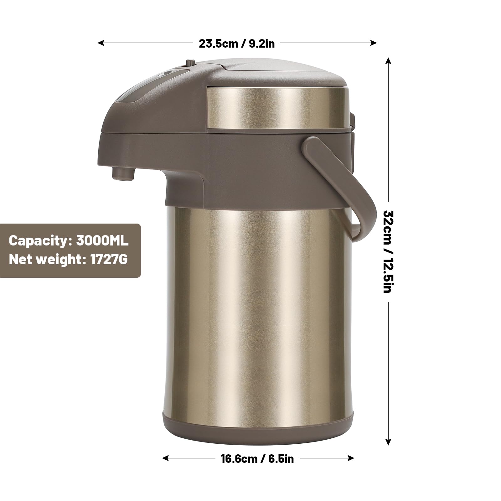 OJOJ 3L/101OZ Thermal Coffee Carafe with Pump, Thermal Beverage Dispenser, Coffee Airpot Stainless Steel Coffee Carafe for Hot Drinks Gold