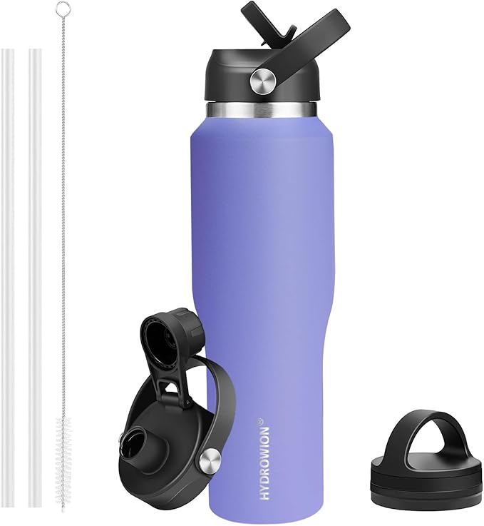 HYDROWION 40 oz Insulated Water Bottle with Straw fit in Car Cup Holder(Cold 48 hrs, Hot 24 hrs) Drinking Bottle with Straw Lid, Spout Lid and Flex Cap Leakproof Travel Thermo Mug，Purple