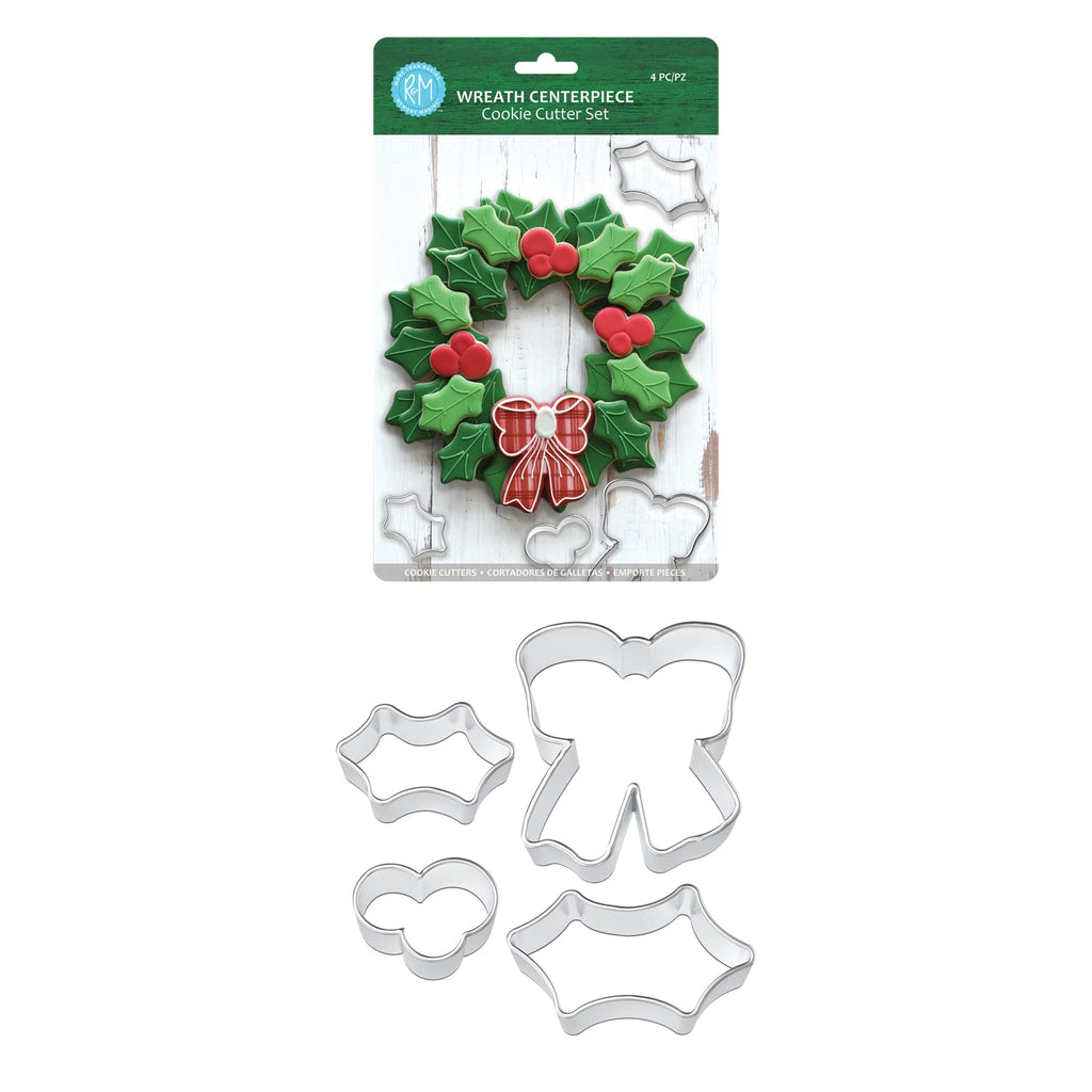 R&M Wreath Centerpiece 4-Piece Cookie Cutter Set – Steel Holly, Berries & Bow Holiday Christmas Baking Set for Cookies, Fondant & Crafts