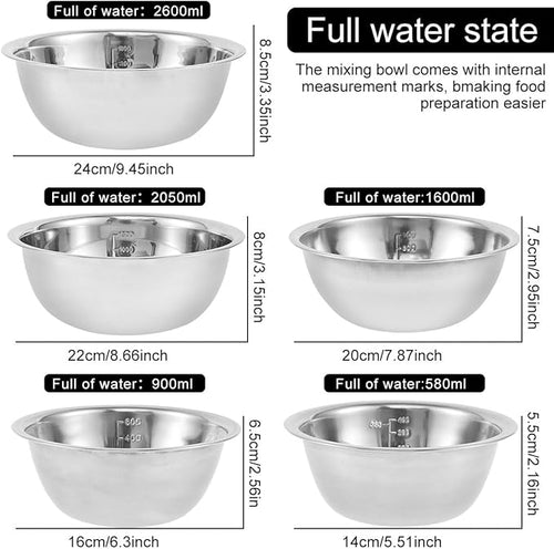 10 Pack Stainless Steel Nesting Mixing Bowl Set 5 Size (4.5, 3,2,1.5,0.7QT)