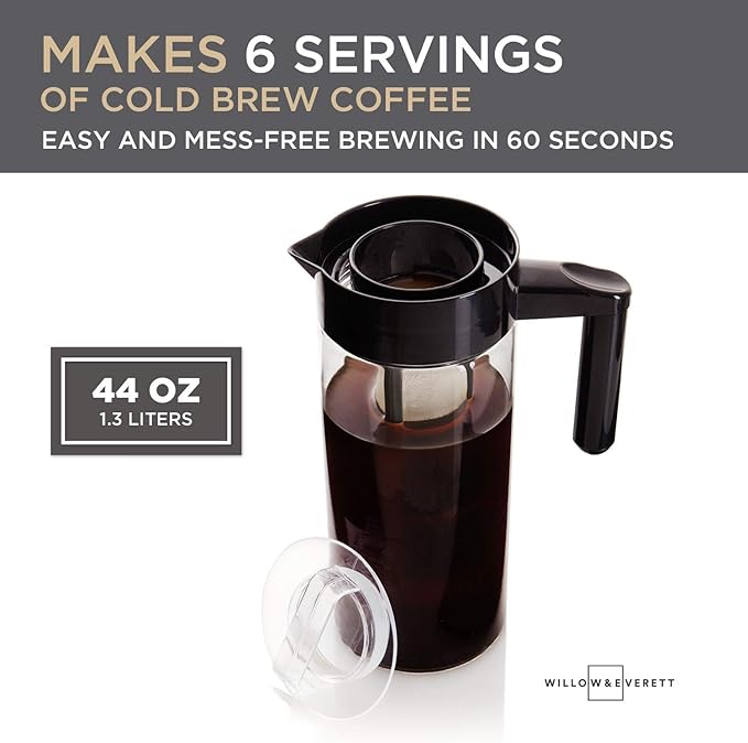 Willow & Everett Cold Brew Coffee & Iced-Tea Maker Pitcher, 1.3 L Glass Dispenser Metal & Plastic Lid Mesh Filter Iced Coffee & Sun Tea Brewing System