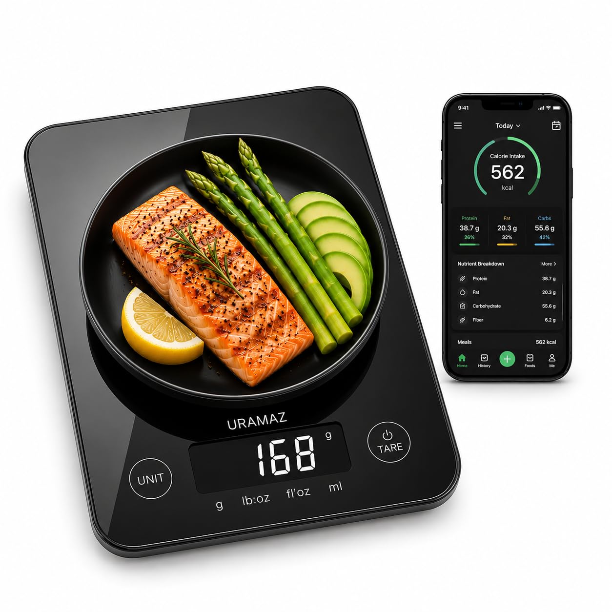 URAMAZ Smart Food Scale with Nutritional Calculator, Digital Kitchen Scale with Bluetooth App for Weight Loss, Food Weight Scale for Diet, Keto, Macro, Calories Counting, Tracking, 11lb