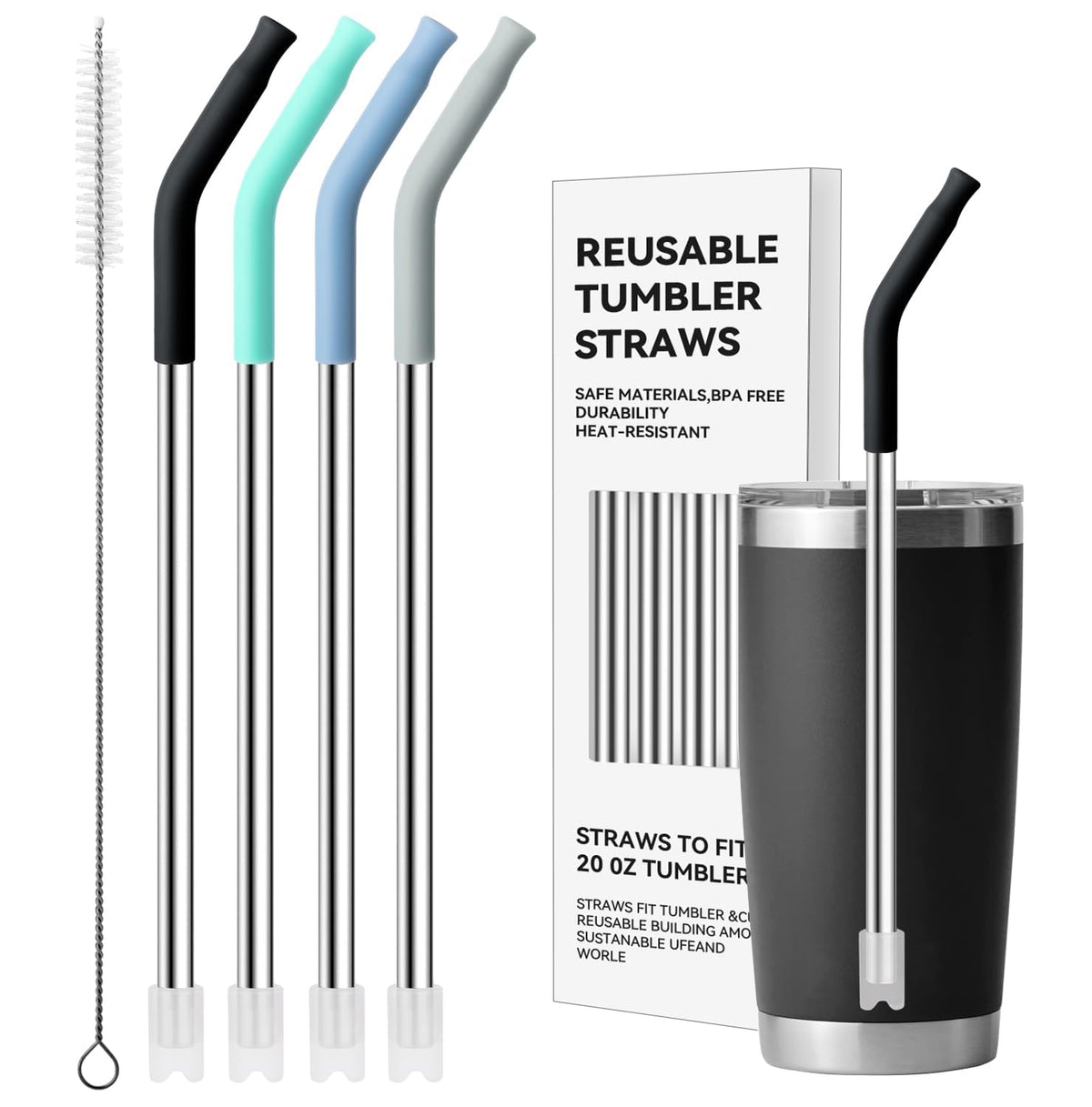 Bluwing Metal Straws with Silicone Tip for 42 oz YETI Tumbler, 4 Pcs
