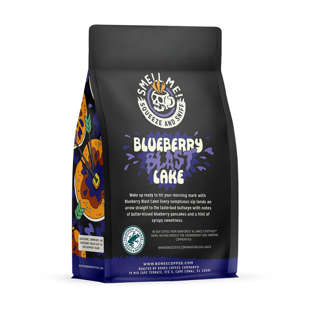 Bones Coffee Company Blueberry Blast Cake, Blueberry Pancakes Flavored Coffee, Medium Roast Low Acid Arabica Beans Compatible with Auto drip and French Press Coffee Maker, 12 Oz Whole Bean