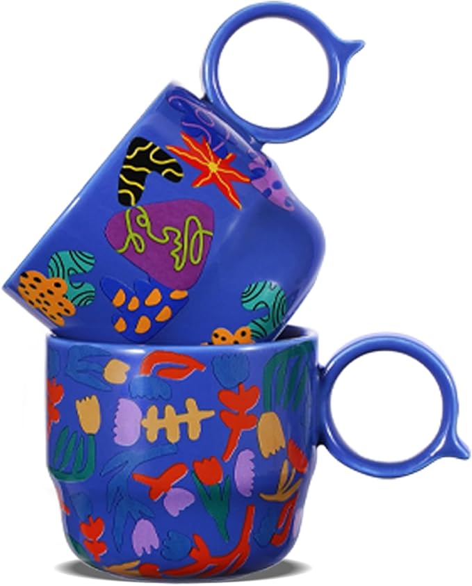 Ceramic Espresso Cups Set of 2 – Mini 3 oz Double Espresso Coffee Cups with Cute Q Handle, Floral and fruit Patterns, Small Blue Demitasse Shot Cups for Coffee Machine