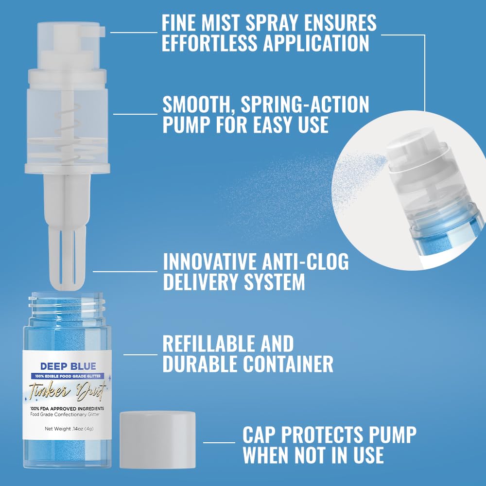 Bakell - Deep Blue Tinker Dust (4g, 1x Mini Spray Pump) Edible Glitter for Food, Desserts, and Baked goods!