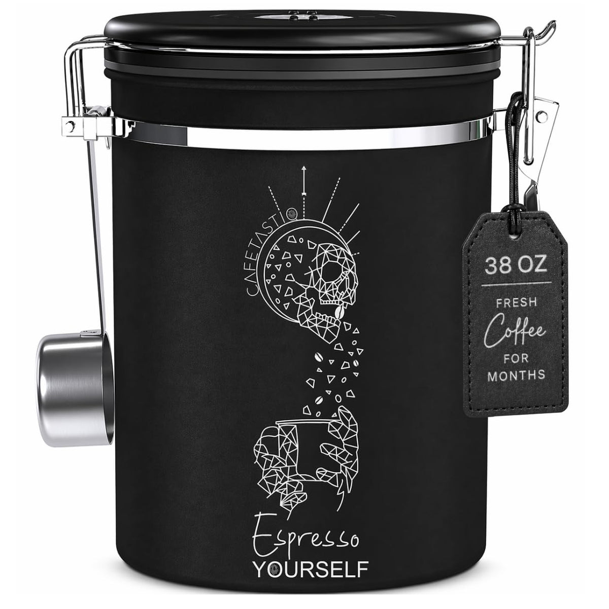 CafetastiQ Large Coffee Canister – Airtight Stainless Steel Storage Container with Date Tracker & Scoop, Sealed Jar for Grounds, Beans, Tea, Flour, Cereal, and Sugar (Black Esspresso, 38OZ)