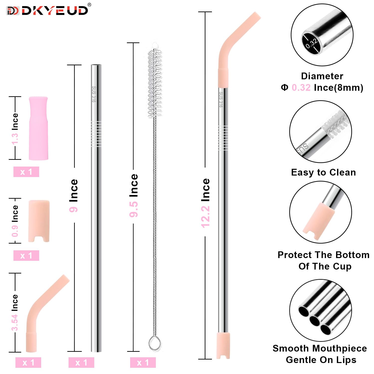 Quality Upgraded 9In Medical Grade 316 Stainless Steel Straws Set 1 PCS with 3 Silicone Accessories, 1 Straw Brush, 1 Storage Case, BPA Free, Eco-Friendly Metal Straws Reusable