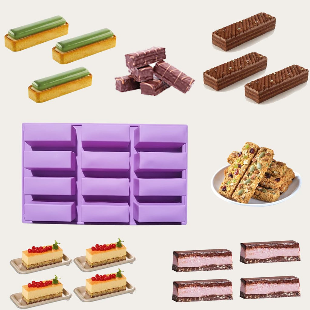 HLCM 2Pcs oat bar mold - 12rectangle silicone molds - Chocolate silicone mold for baking candies/energy bars, cheesecake, dried fruit cereal cookies (2, purple)